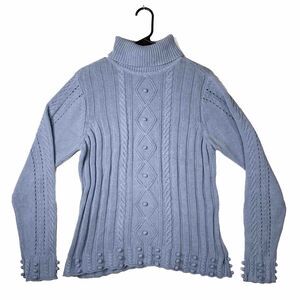 RXB Womens Sweater Cable Knit 3D Baby Blue Coquette Pom Pom Sz L Fairy Cottage